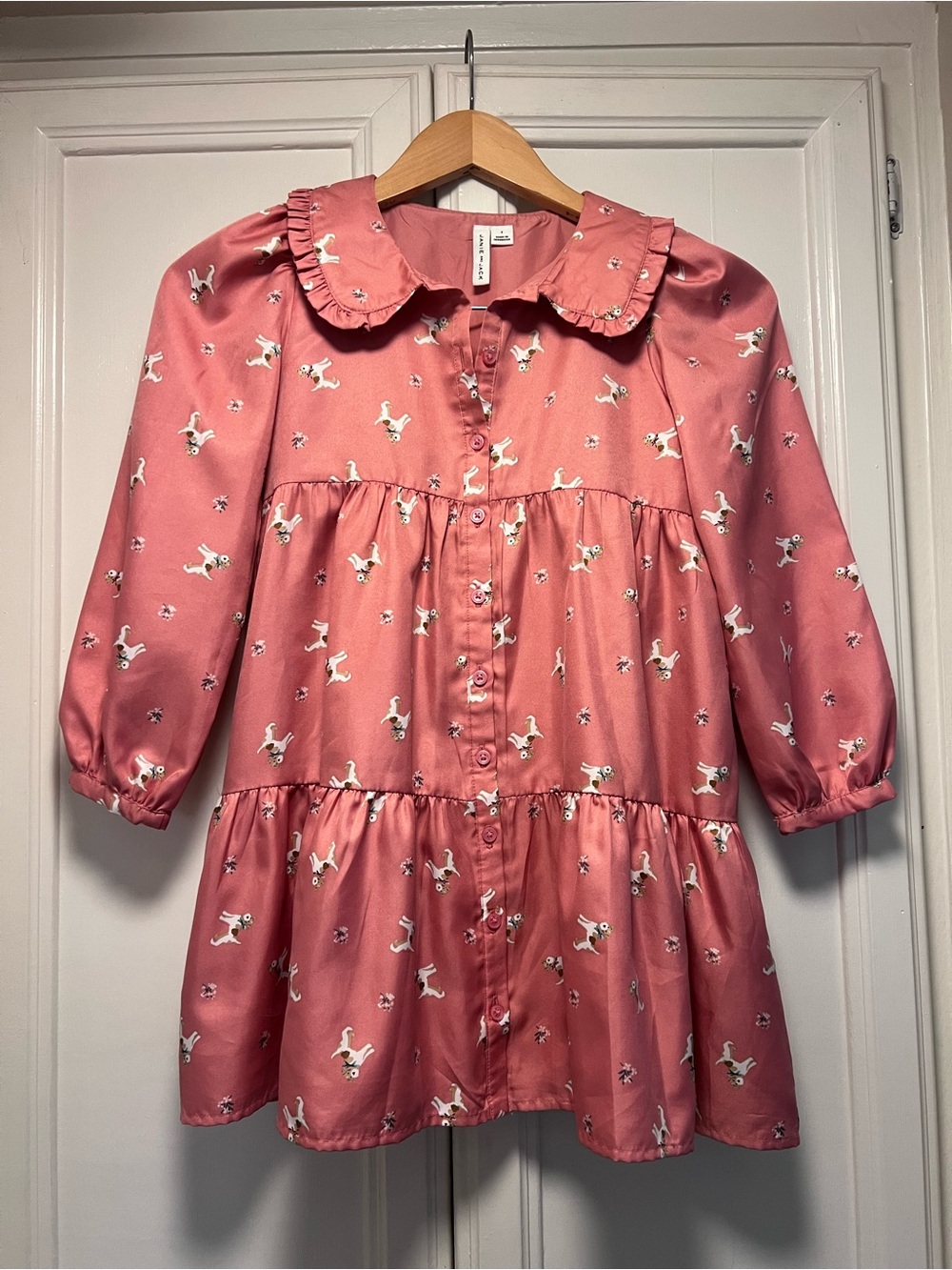 Janie and Jack Dog Print Tiered Ruffle Collar Long Sleeve Pink Coral Dress Sz 7